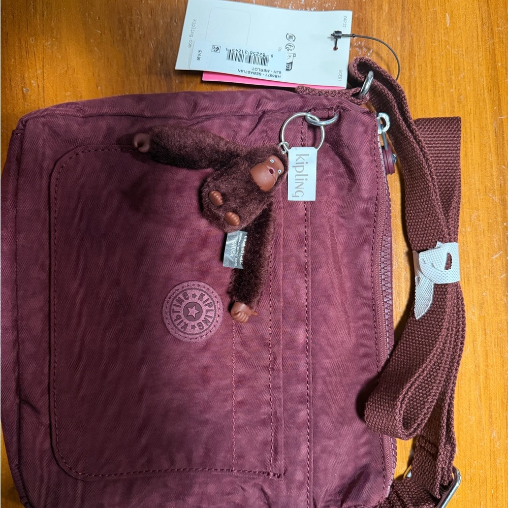 Kipling Maroon Shoulder Bag with Monkey Charm